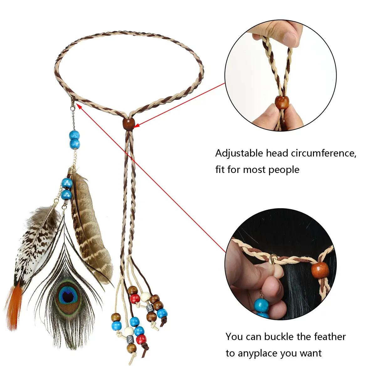 obmwang Boho Feather Headbands Indian Feather Headband Peacoak Headpieces Festival Costumes Hair Accessories for Women and Girls | Boho Chic Summer Accessory - view 2