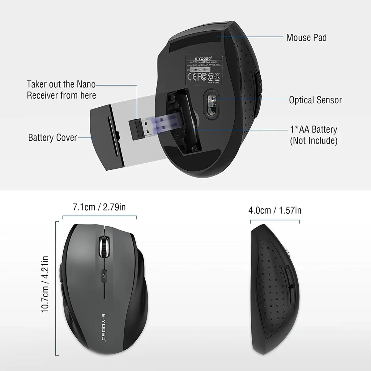 E-YOOSO Wireless Mouse for Laptop, Portable Optical Computer Mouse, 6 Buttons, 2.4GHz, 5-Level 4800 DPI, 18 Months Battery Life - view 4