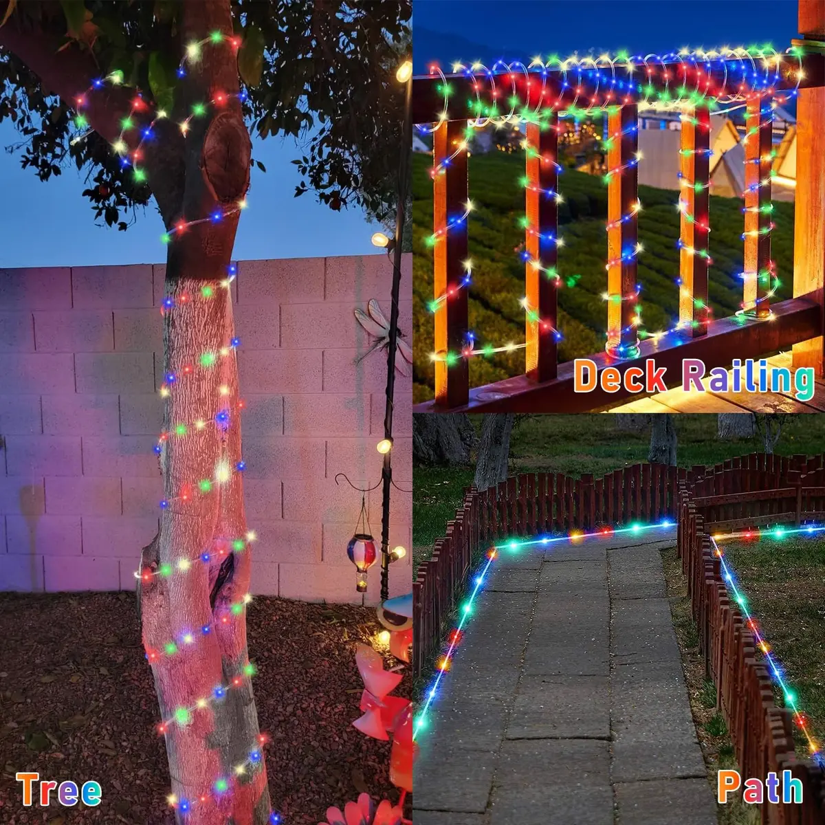 YEGUO Solar Rope Lights Waterproof 66ft 200 LED Multicolor | 8 Modes, IP44, Outdoor Use - view 6