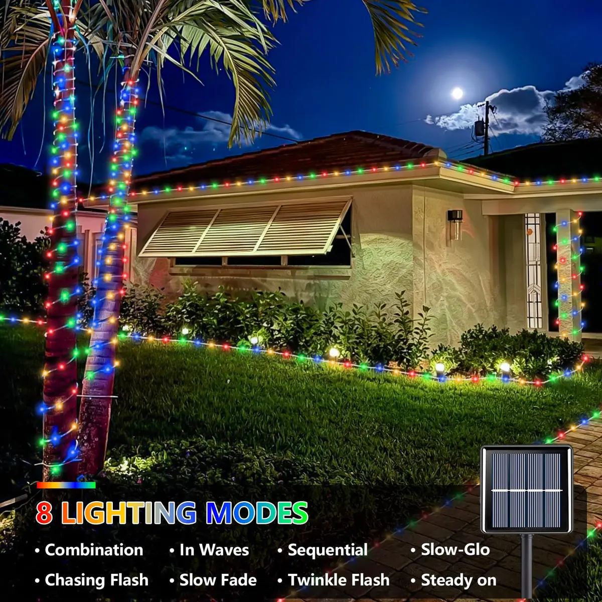 YEGUO Solar Rope Lights Waterproof 66ft 200 LED Multicolor | 8 Modes, IP44, Outdoor Use - view 2