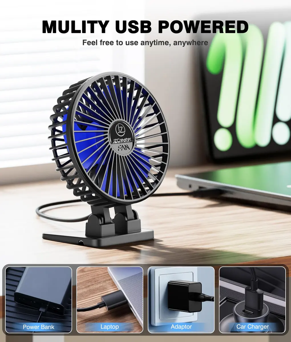 JZCreater USB Desk Fan, Mini Portable Fans, 3 Speeds, Black Blue | Strong Wind & Quiet Personal Cooling - view 5