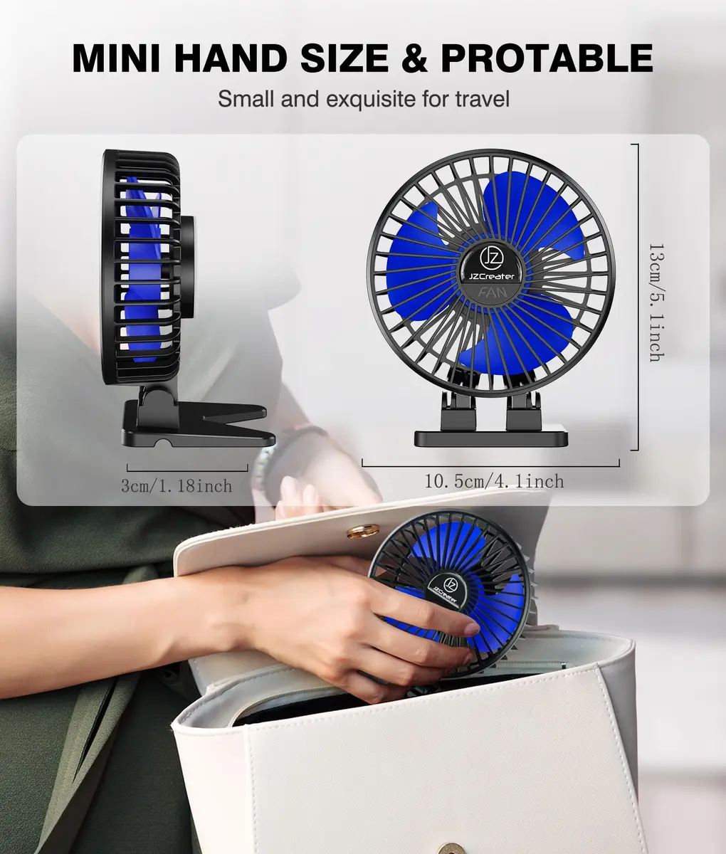 JZCreater USB Desk Fan, Mini Portable Fans, 3 Speeds, Black Blue | Strong Wind & Quiet Personal Cooling - view 6
