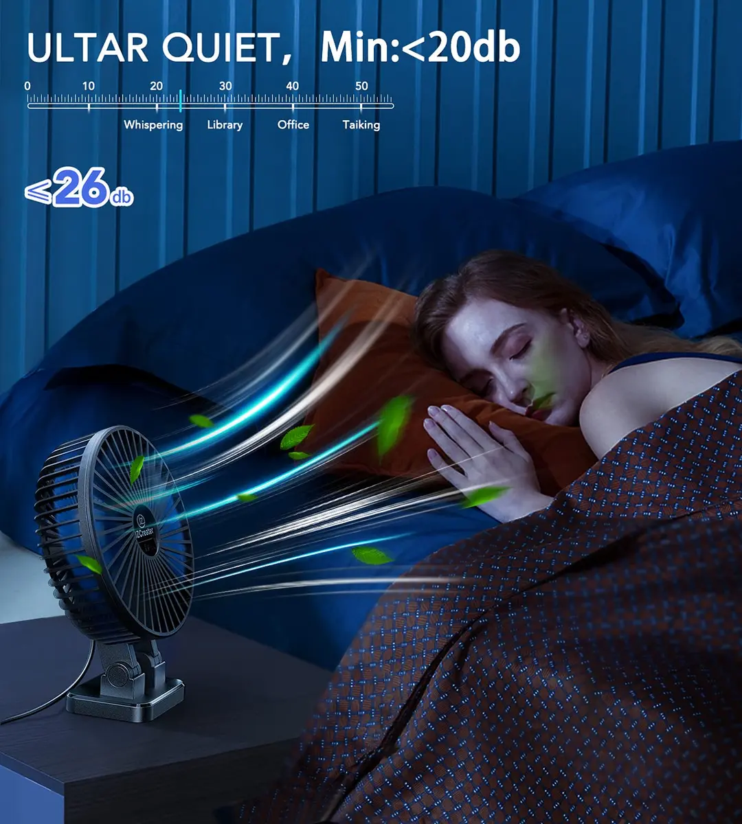 JZCreater USB Desk Fan, Mini Portable Fans, 3 Speeds, Black Blue | Strong Wind & Quiet Personal Cooling - view 7
