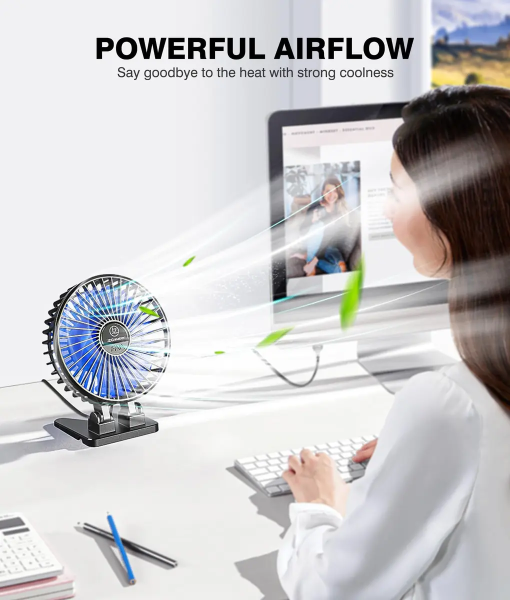 JZCreater USB Desk Fan, Mini Portable Fans, 3 Speeds, Black Blue | Strong Wind & Quiet Personal Cooling - view 2
