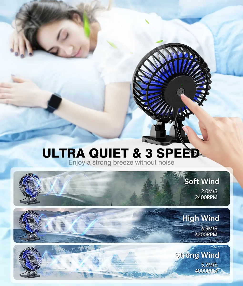 JZCreater USB Desk Fan, Mini Portable Fans, 3 Speeds, Black Blue | Strong Wind & Quiet Personal Cooling - view 3