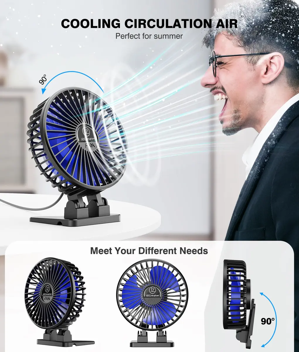 JZCreater USB Desk Fan, Mini Portable Fans, 3 Speeds, Black Blue | Strong Wind & Quiet Personal Cooling - view 4