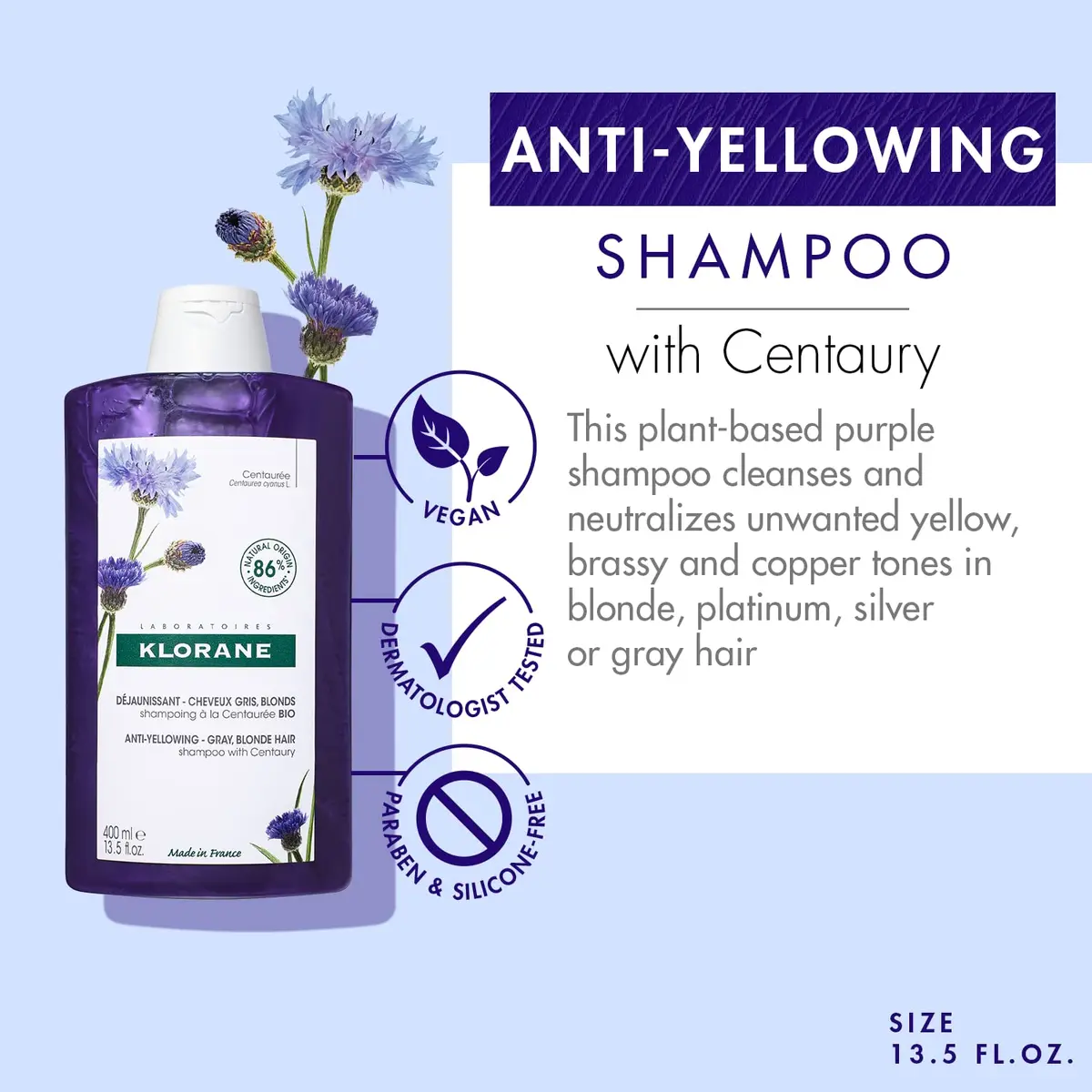 Klorane Purple Anti-Yellowing Shampoo with Centaury 13.5 Fl Oz | Neutralizes yellow tones, nourishes & enhances silver highlights - view 2