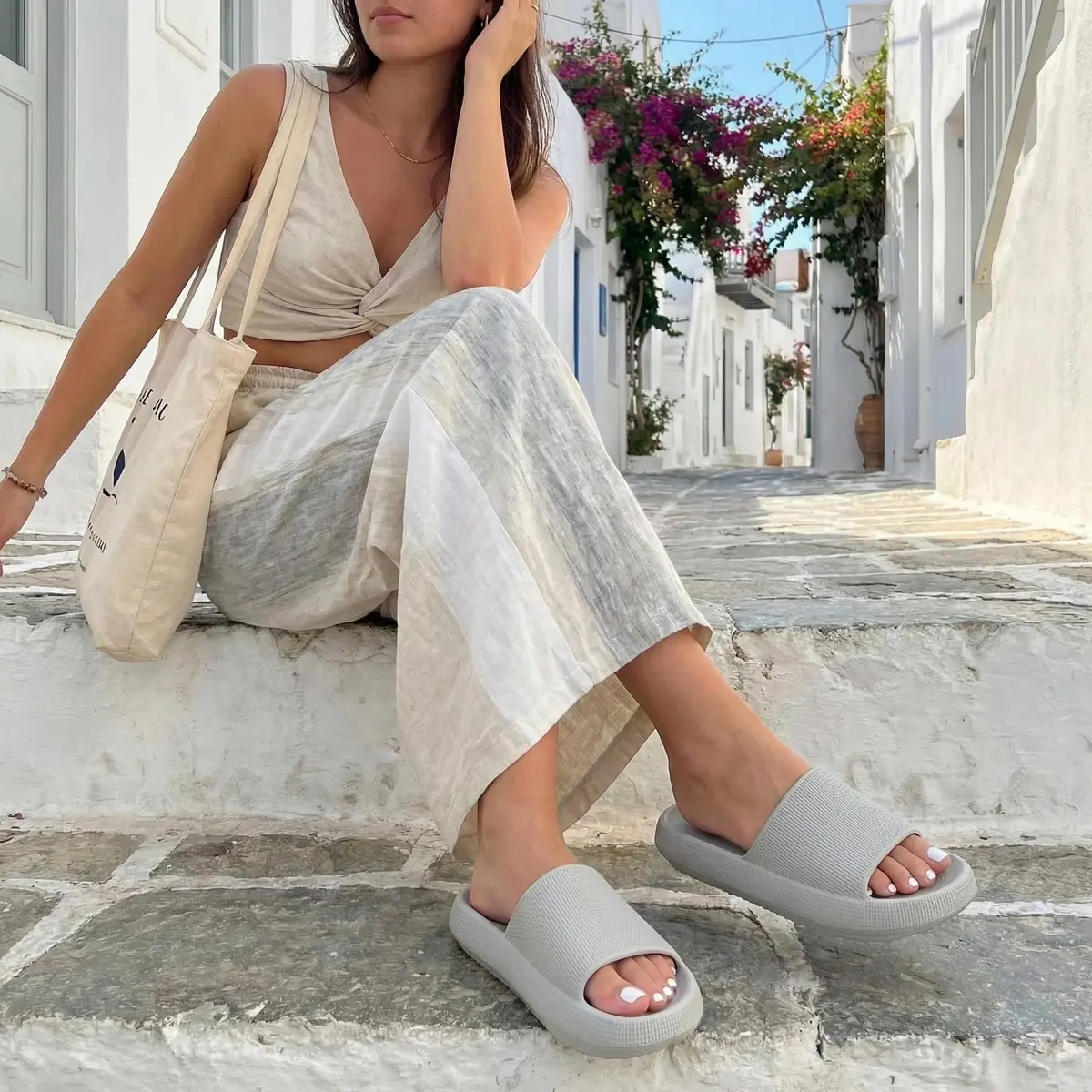 CUSHIONAIRE Feather EVA Slides for Women – Comfortable Slip On Womens Slippers, Indoor Outdoor Shower Shoes, Beach Essential Cloud Slides, Light Gray 6 - view 3