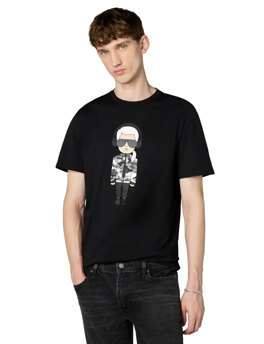 KARL LAGERFELD Men's Karl Character Headphones Shirt, Black, M | Reflective Graphic Crew Neck - main product image