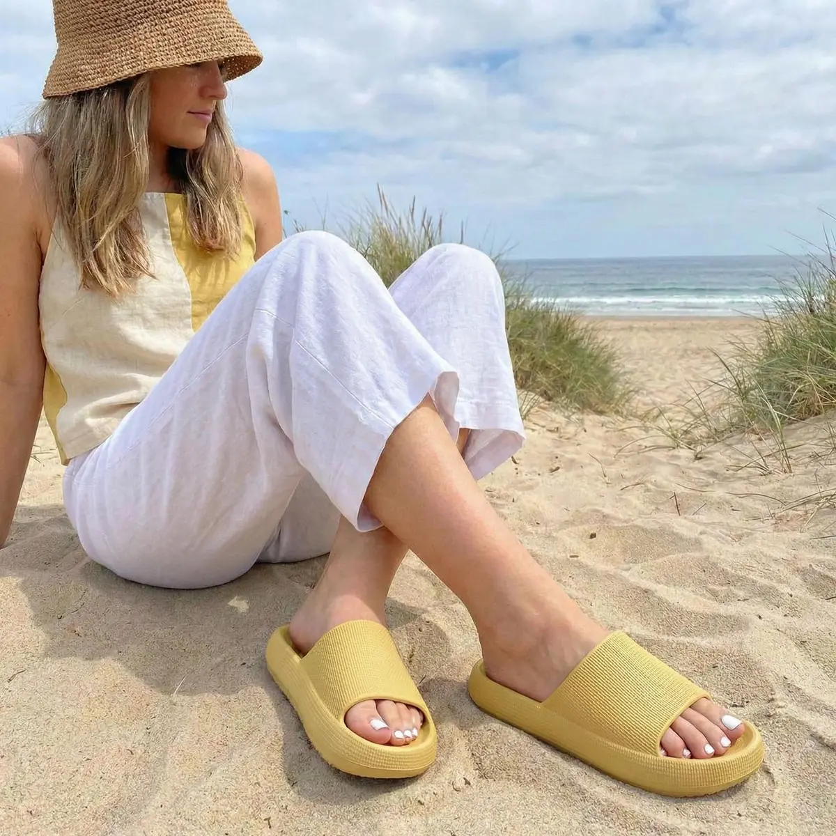 CUSHIONAIRE Feather EVA Slides for Women – Comfortable Slip On Womens Slippers, Indoor Outdoor Shower Shoes, Beach Essential Cloud Slides, Yellow 11 - view 6