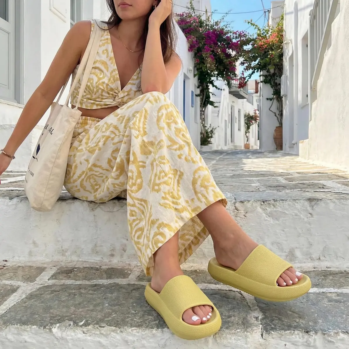 CUSHIONAIRE Feather EVA Slides for Women – Comfortable Slip On Womens Slippers, Indoor Outdoor Shower Shoes, Beach Essential Cloud Slides, Yellow 11 - view 2