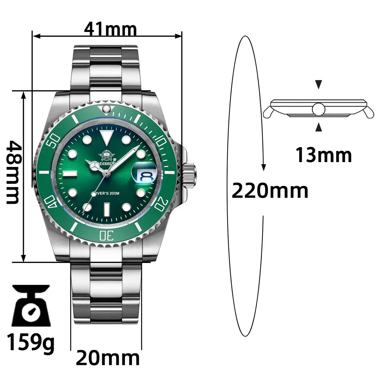 ADDIESDIVE Men's Quartz Diver Watch 41mm Green Dial | Water Resistant 200M Stainless Steel - view 2