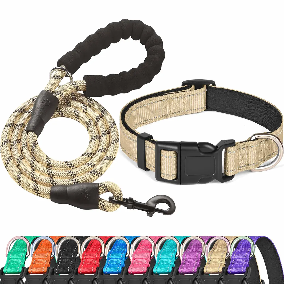 ladoogo Reflective Dog Collar Large Beige | Padded with Soft Neoprene, Breathable & Reflective - main product image