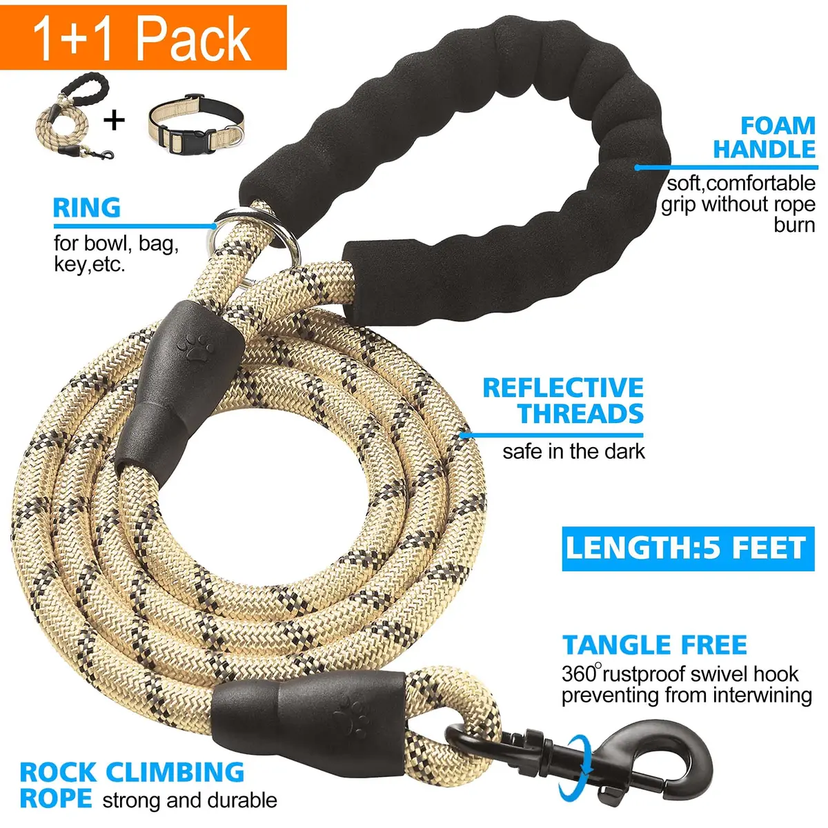 ladoogo Reflective Dog Collar Large Beige | Padded with Soft Neoprene, Breathable & Reflective - view 2