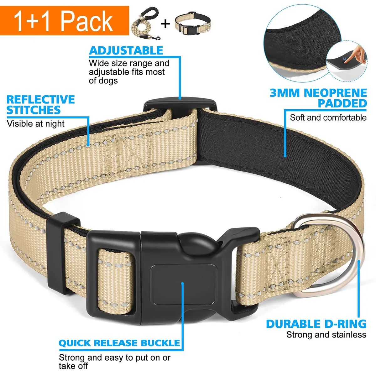 ladoogo Reflective Dog Collar Large Beige | Padded with Soft Neoprene, Breathable & Reflective - view 3