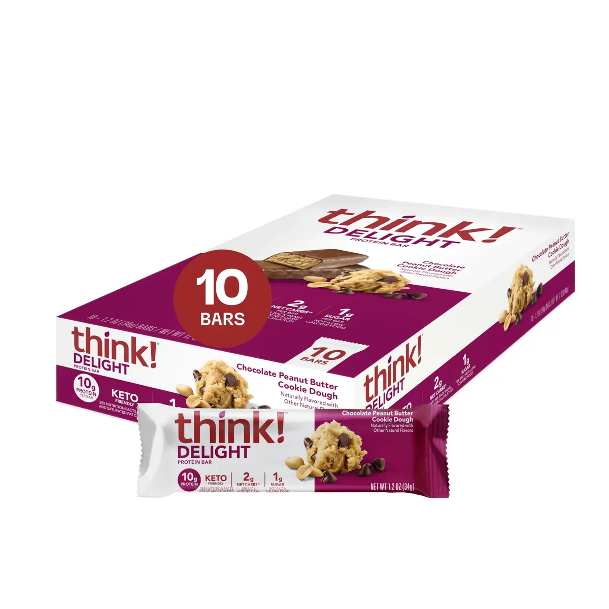 think! Delight Protein Bars, Chocolate Peanut Butter Cookie Dough, 10 Count | Keto Friendly, 10g Protein, Low Sugar - main product image