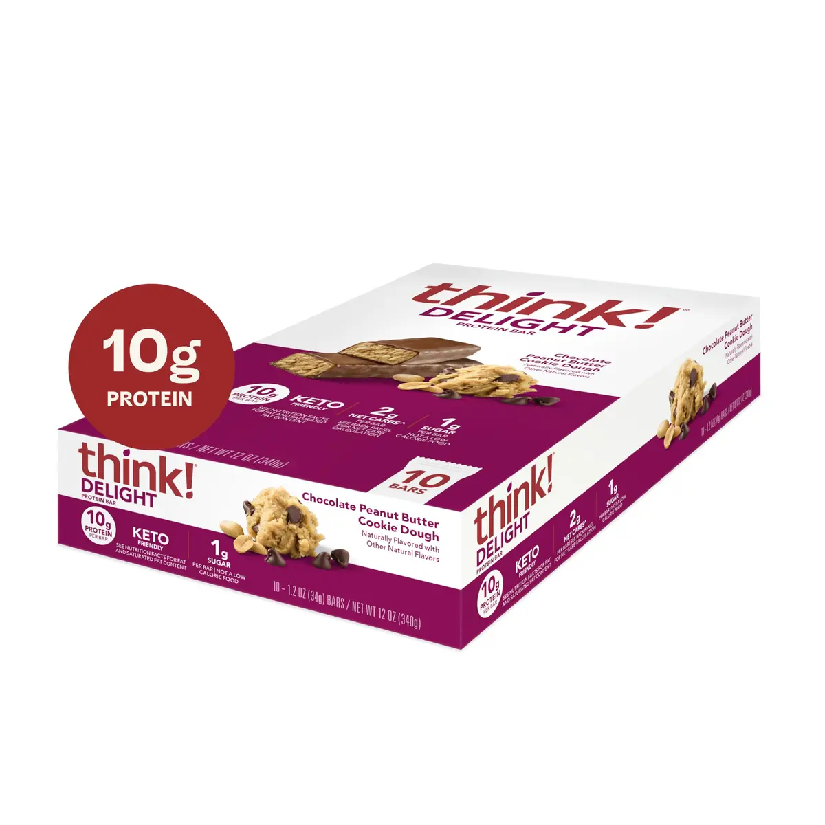 think! Delight Protein Bars, Chocolate Peanut Butter Cookie Dough, 10 Count | Keto Friendly, 10g Protein, Low Sugar - view 2