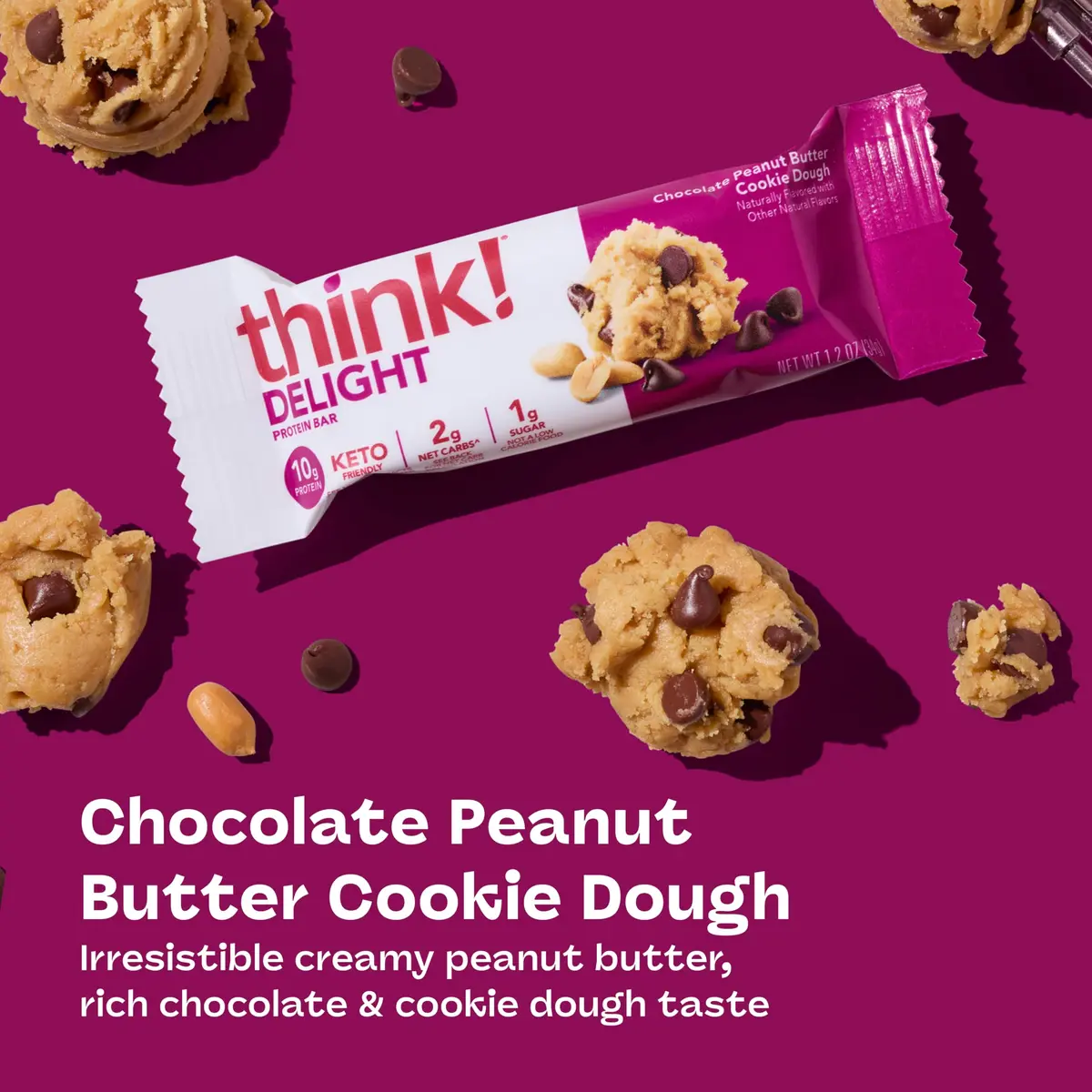 think! Delight Protein Bars, Chocolate Peanut Butter Cookie Dough, 10 Count | Keto Friendly, 10g Protein, Low Sugar - view 3