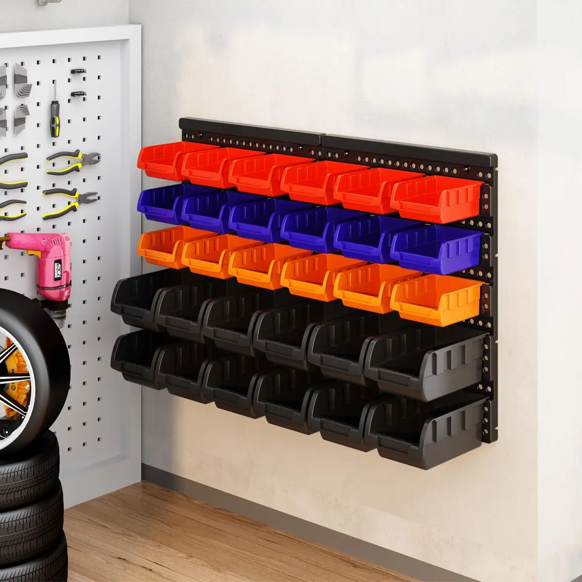 MULSAME Wall Mounted Storage Bins Parts Rack 25.2"x16.2" | Garage Organizer with 4 Colors - view 7