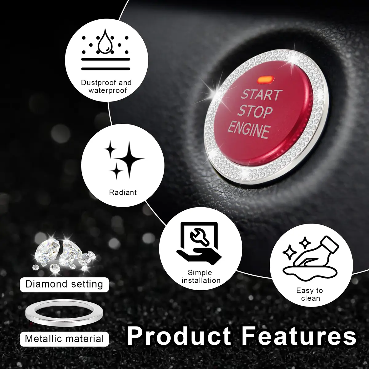 LivTee Car Engine Start Stop Decoration Ring | Dazzling Rhinestone Car Interior Accessory for Women, 1.53 inch Outer Diameter - view 5