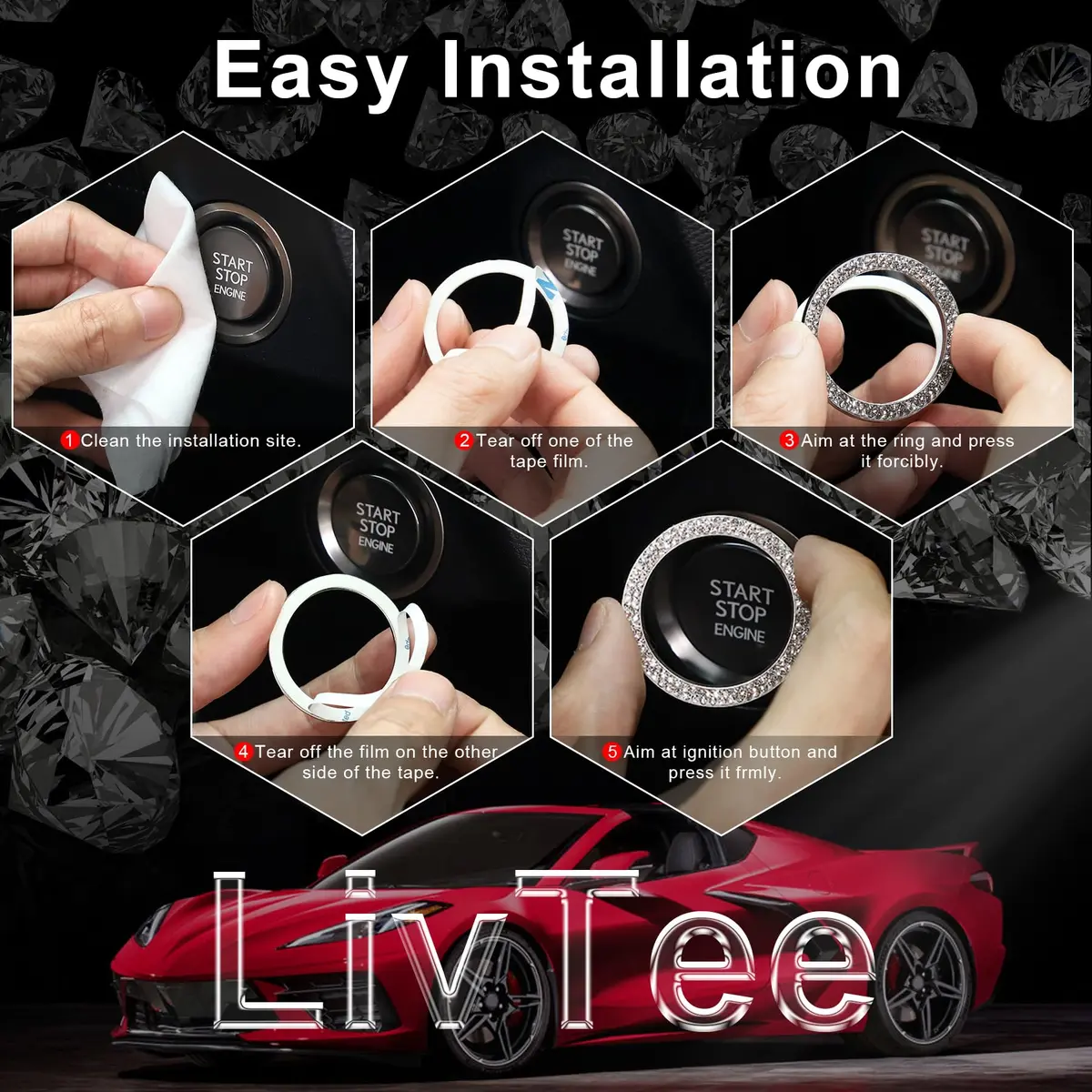 LivTee Car Engine Start Stop Decoration Ring | Dazzling Rhinestone Car Interior Accessory for Women, 1.53 inch Outer Diameter - view 3