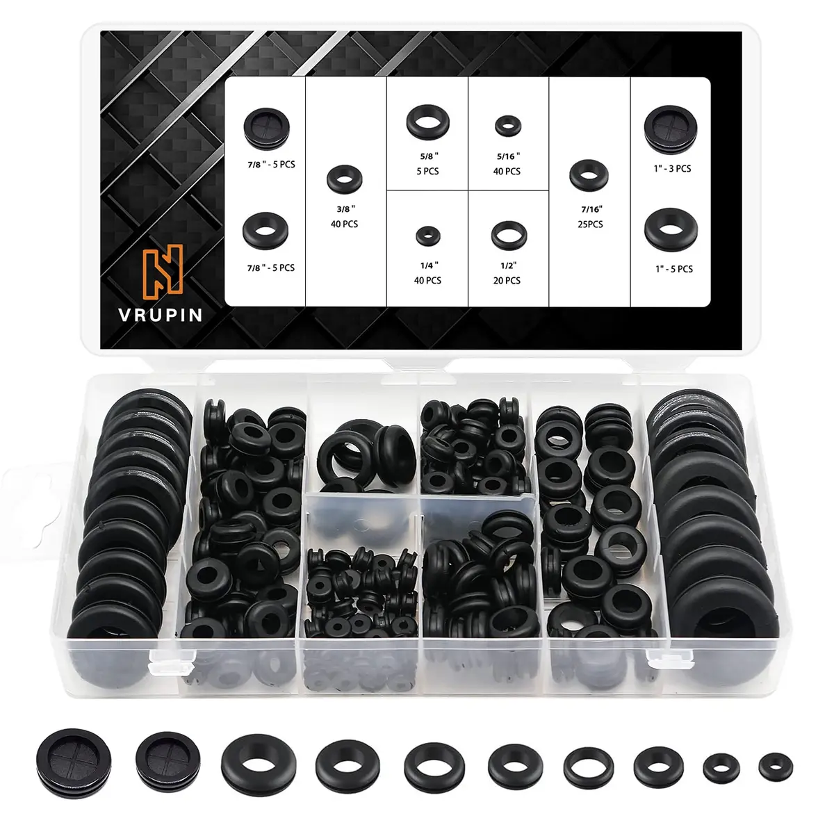 Vrupin Rubber Grommets Kit - 10 Sizes, Rubber Washers for Wiring, 188 pcs | Assorted Sizes for Auto & Projects - main product image
