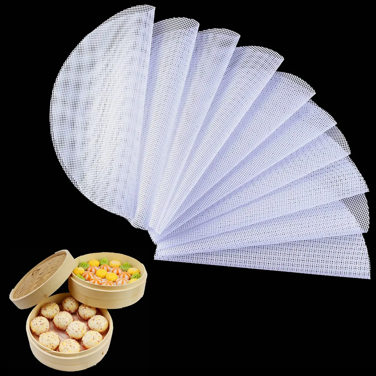 BuRuiJi 10-Piece Silicone Steamer Liners, 33cm (13 x 13 inch) | Non-Stick Mesh for Dim Sum & Baking - main product image
