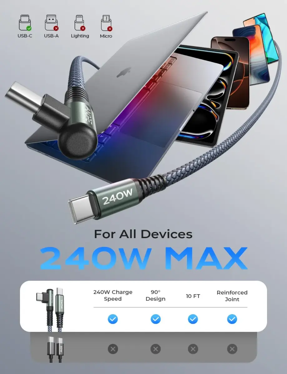 AINOPE 240W USB C to USB C Cable 3.05 m (10FT) Right Angle | Fast Charging & Data Transfer - view 2