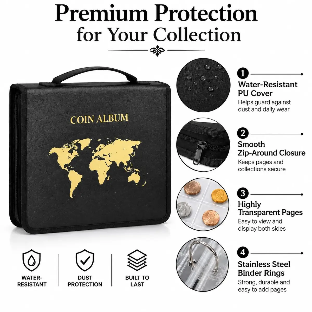 ANKHOH Zippered Coin Collection Book, 200 Pockets & 30 Bill Sleeves | Organize Coins & Currency in Style - view 6
