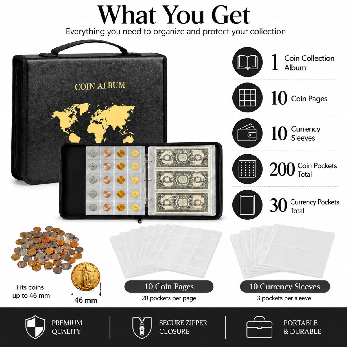 ANKHOH Zippered Coin Collection Book, 200 Pockets & 30 Bill Sleeves | Organize Coins & Currency in Style - view 7