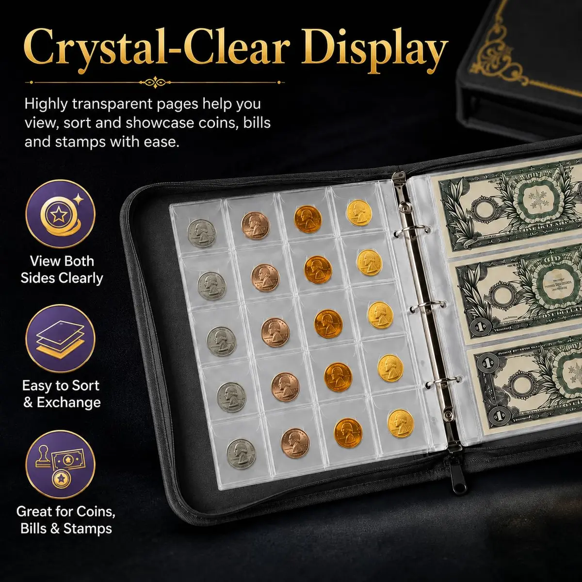 ANKHOH Zippered Coin Collection Book, 200 Pockets & 30 Bill Sleeves | Organize Coins & Currency in Style - view 8