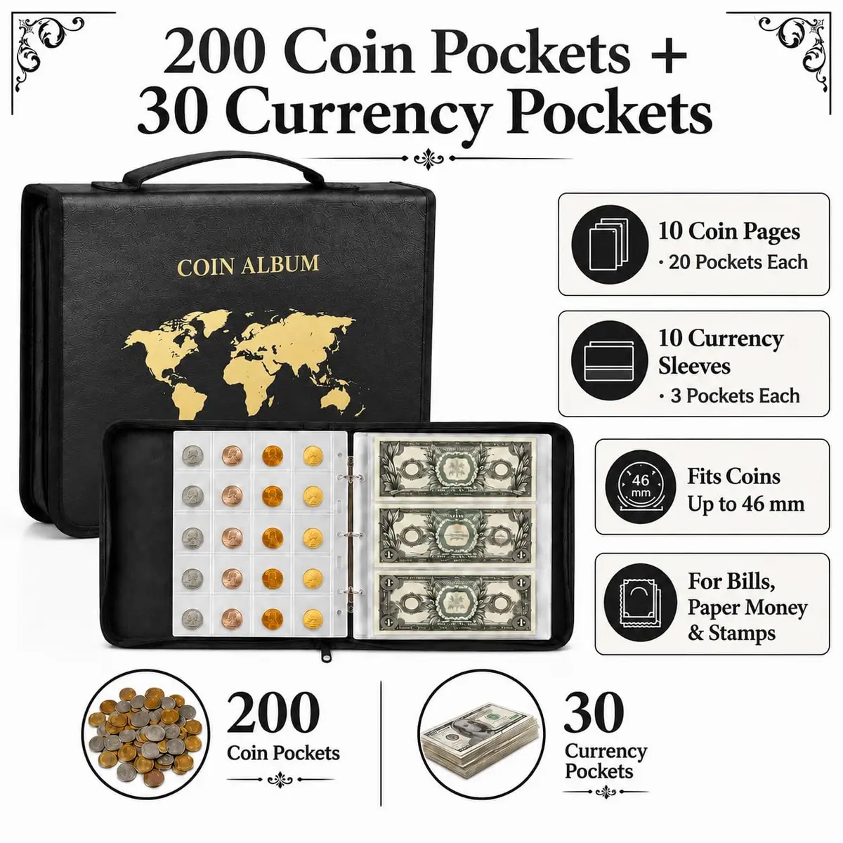 ANKHOH Zippered Coin Collection Book, 200 Pockets & 30 Bill Sleeves | Organize Coins & Currency in Style - view 3