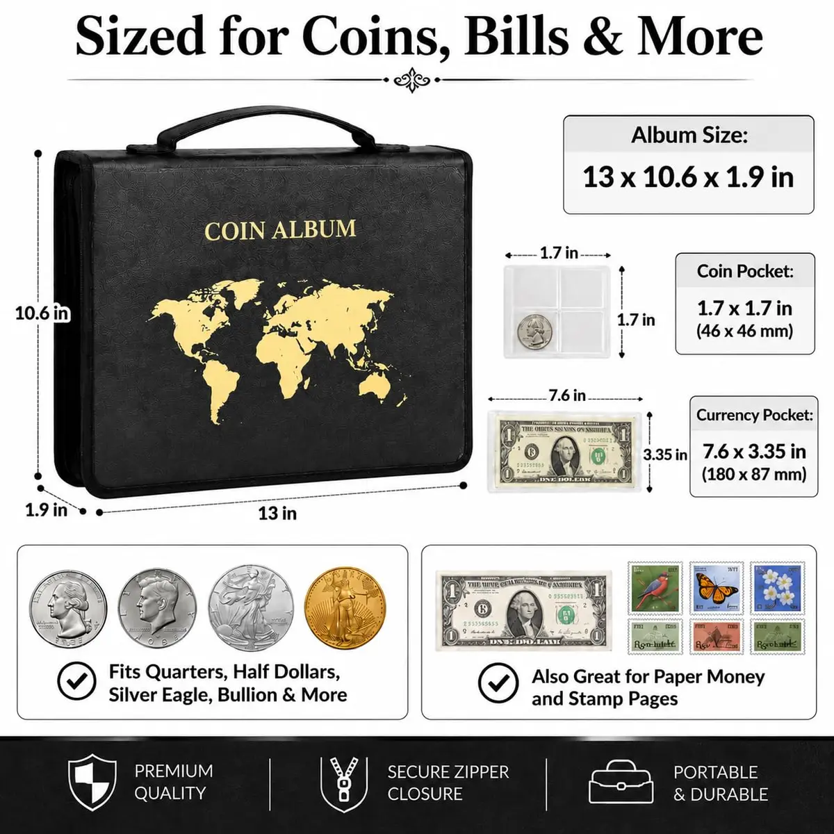 ANKHOH Zippered Coin Collection Book, 200 Pockets & 30 Bill Sleeves | Organize Coins & Currency in Style - view 4