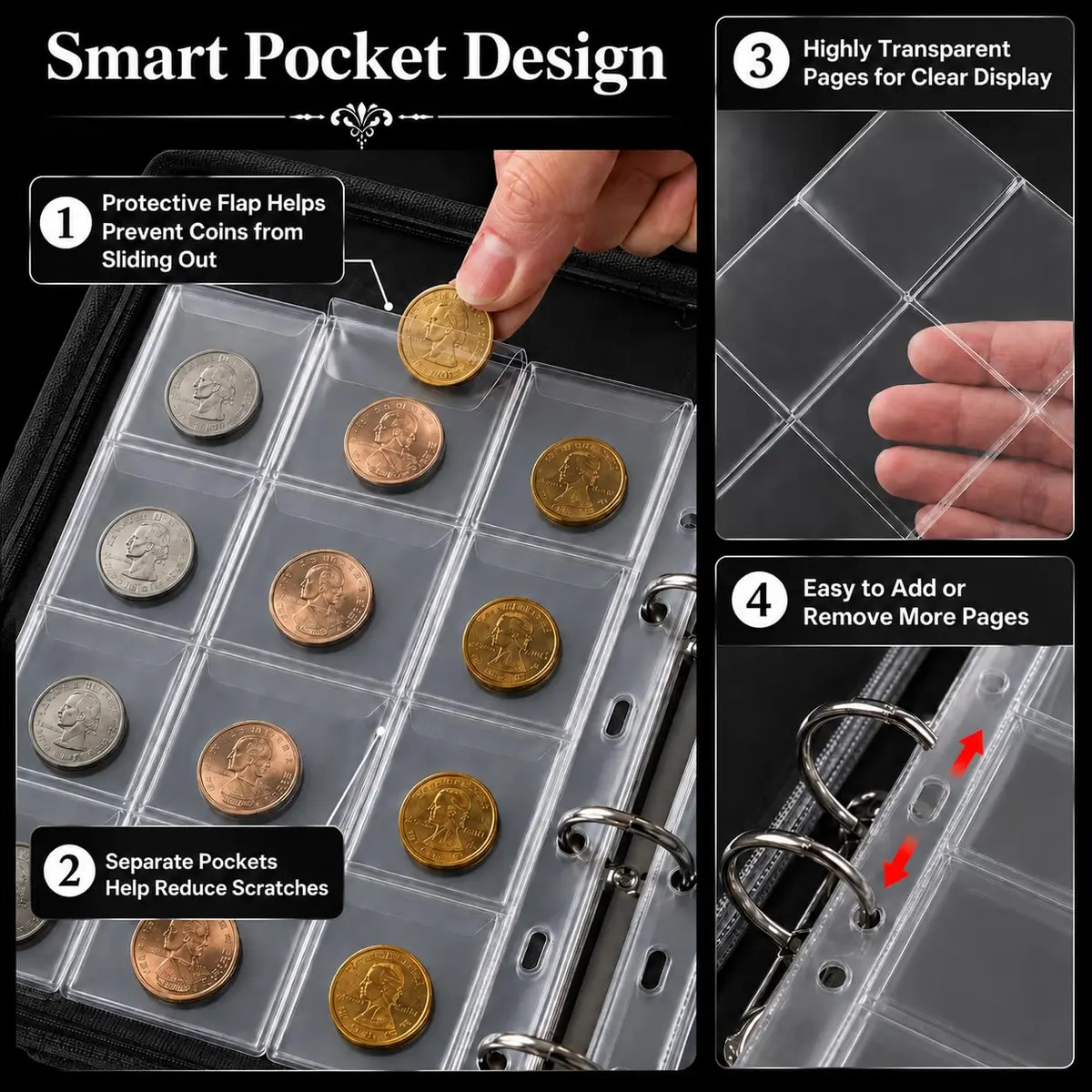 ANKHOH Zippered Coin Collection Book, 200 Pockets & 30 Bill Sleeves | Organize Coins & Currency in Style - view 5