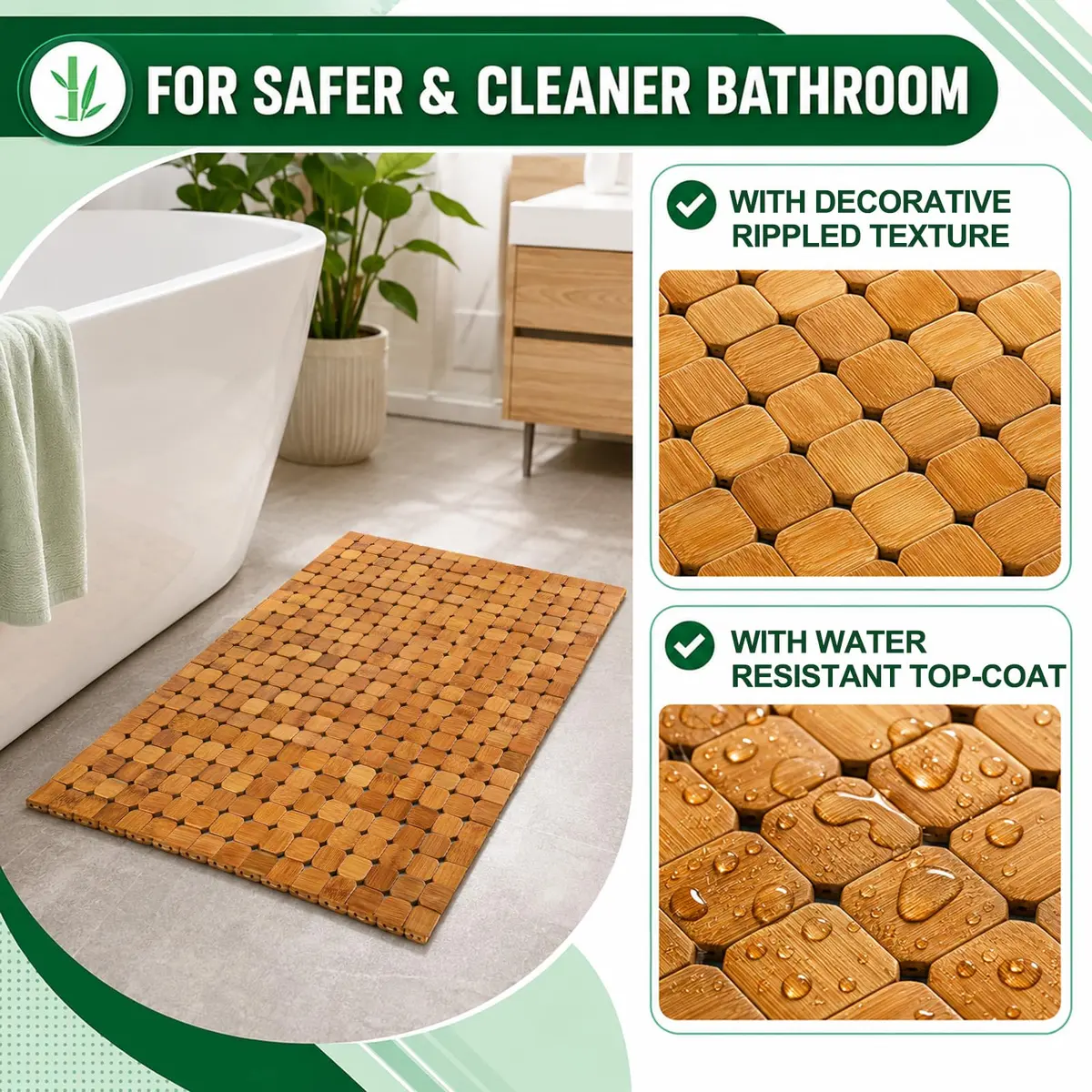 Dicunoy Bamboo Bath Mat 59.94cm x 40.64cm (23.6" L x 16" W) | Non-Slip & Quick-Dry for Bathrooms - view 3