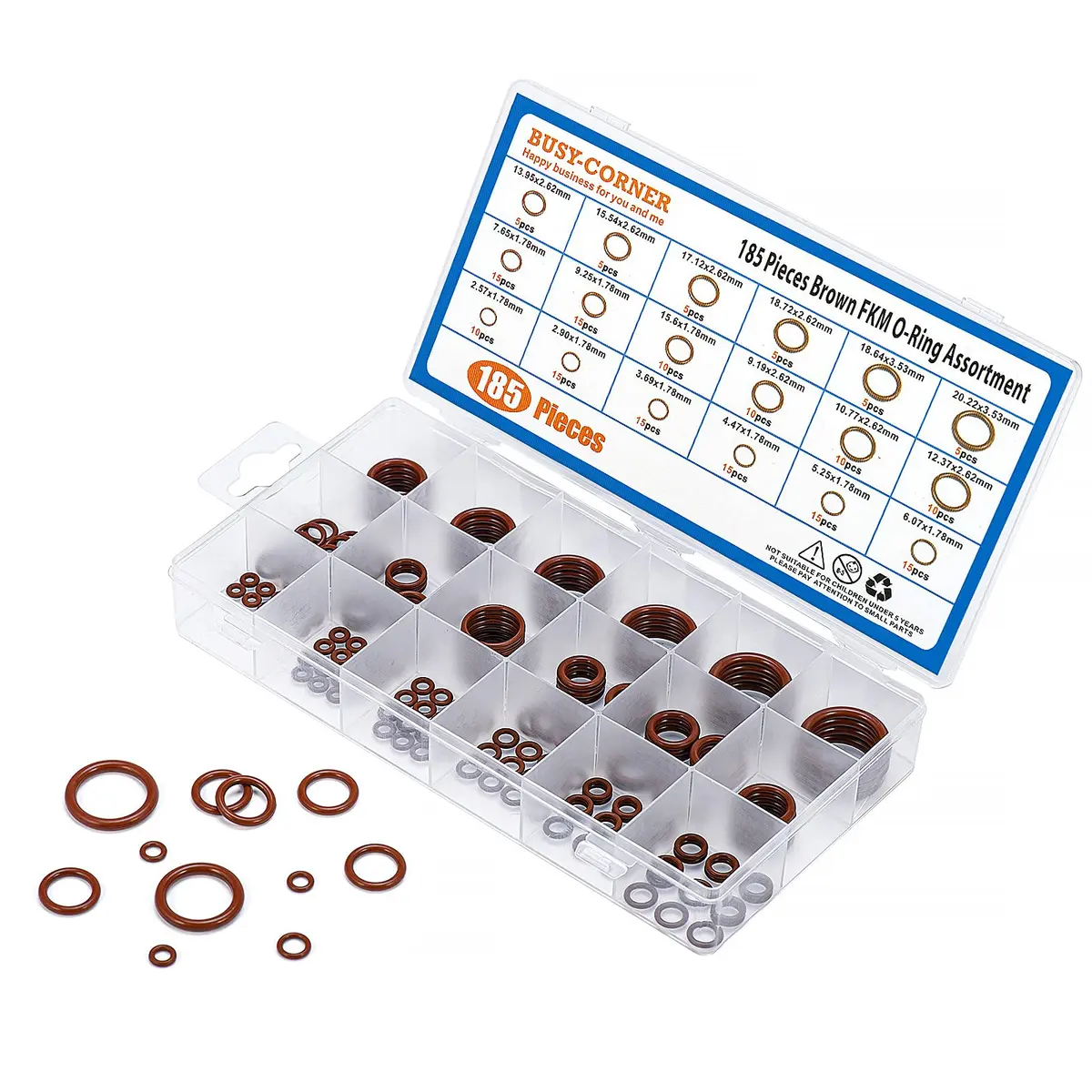 BUSY-CORNER 185 Pieces FKM O-Ring Kit with 18 AS-568 Sizes, 2.57mm-20.22mm ID, 1.78mm-3.53mm Thickness | High-Temp & Chemical Resistant Seals - view 7