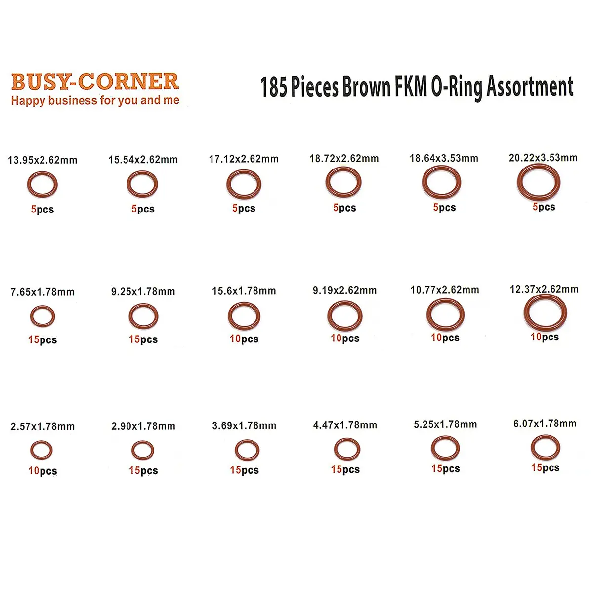 BUSY-CORNER 185 Pieces FKM O-Ring Kit with 18 AS-568 Sizes, 2.57mm-20.22mm ID, 1.78mm-3.53mm Thickness | High-Temp & Chemical Resistant Seals - view 2