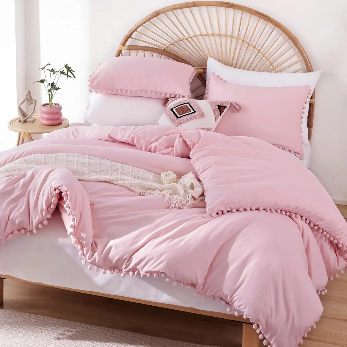 YIRDDEO Queen Comforter Set, Dust Pink Ball Pom Fringe Bedding Set 3 Pieces | Soft & Safe Microfiber Comforter for All Seasons - main product image