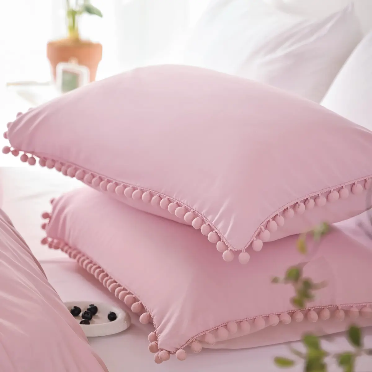 YIRDDEO Queen Comforter Set, Dust Pink Ball Pom Fringe Bedding Set 3 Pieces | Soft & Safe Microfiber Comforter for All Seasons - view 6