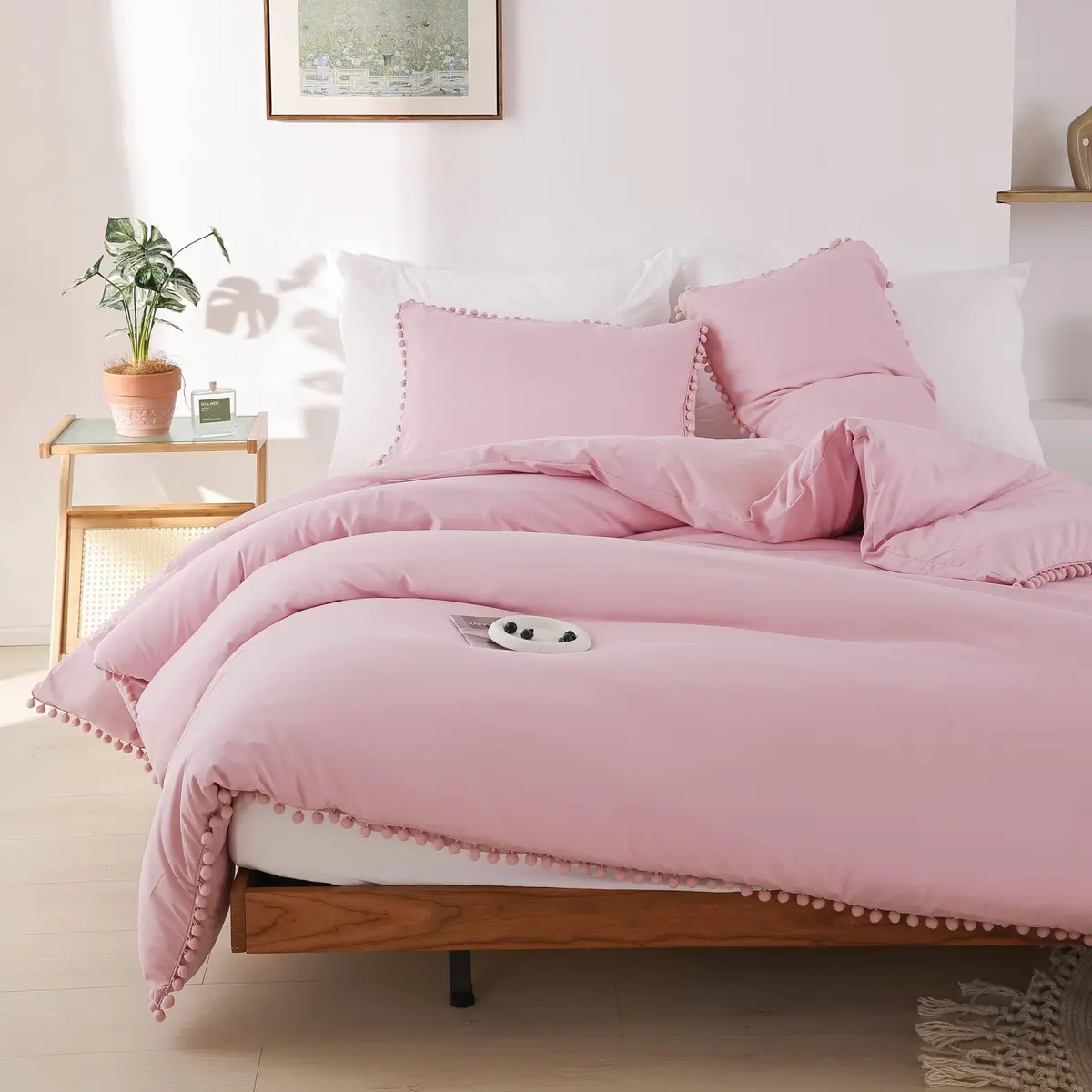 YIRDDEO Queen Comforter Set, Dust Pink Ball Pom Fringe Bedding Set 3 Pieces | Soft & Safe Microfiber Comforter for All Seasons - view 7