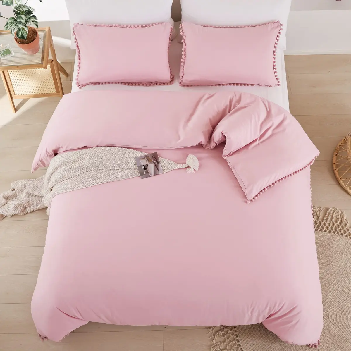 YIRDDEO Queen Comforter Set, Dust Pink Ball Pom Fringe Bedding Set 3 Pieces | Soft & Safe Microfiber Comforter for All Seasons - view 8
