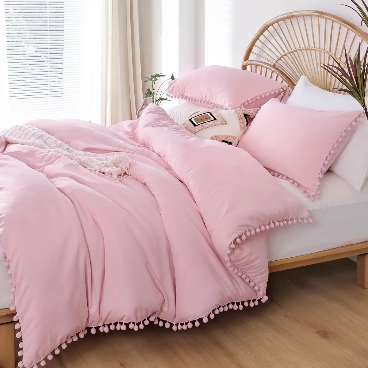 YIRDDEO Queen Comforter Set, Dust Pink Ball Pom Fringe Bedding Set 3 Pieces | Soft & Safe Microfiber Comforter for All Seasons - view 2