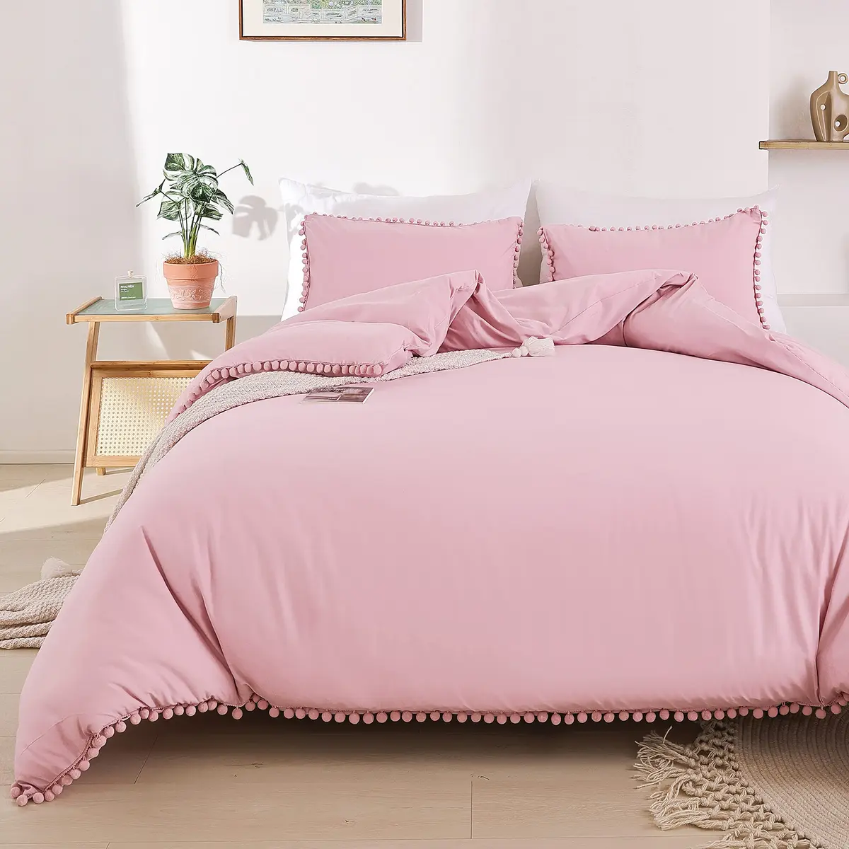 YIRDDEO Queen Comforter Set, Dust Pink Ball Pom Fringe Bedding Set 3 Pieces | Soft & Safe Microfiber Comforter for All Seasons - view 3