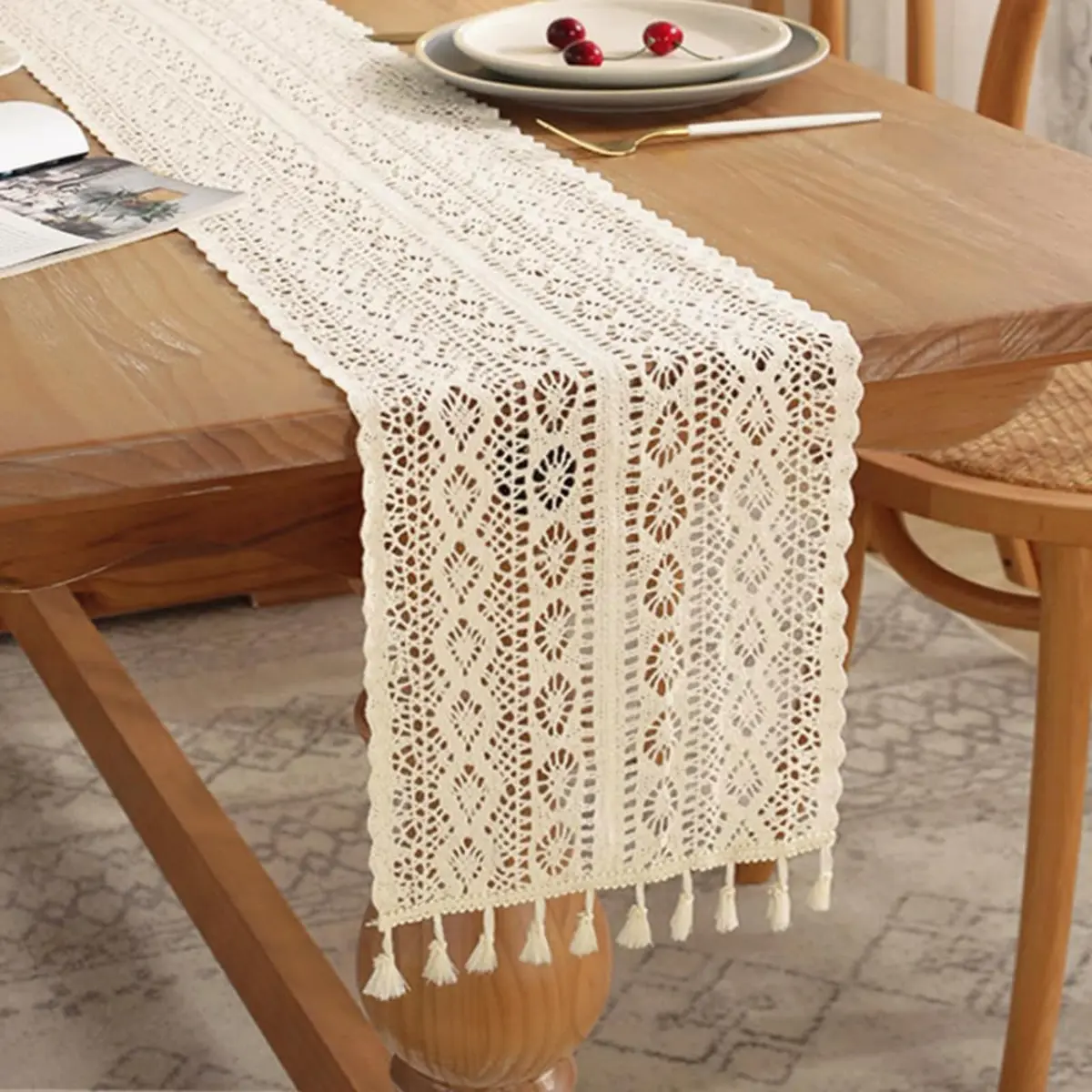 Gemseek 90 Inch Boho Crochet Table Runner, Beige Cotton Lace | Vintage Boho Charm - main product image