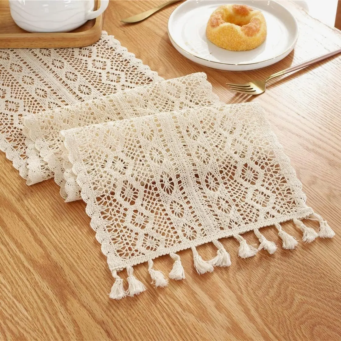 Gemseek 90 Inch Boho Crochet Table Runner, Beige Cotton Lace | Vintage Boho Charm - view 5