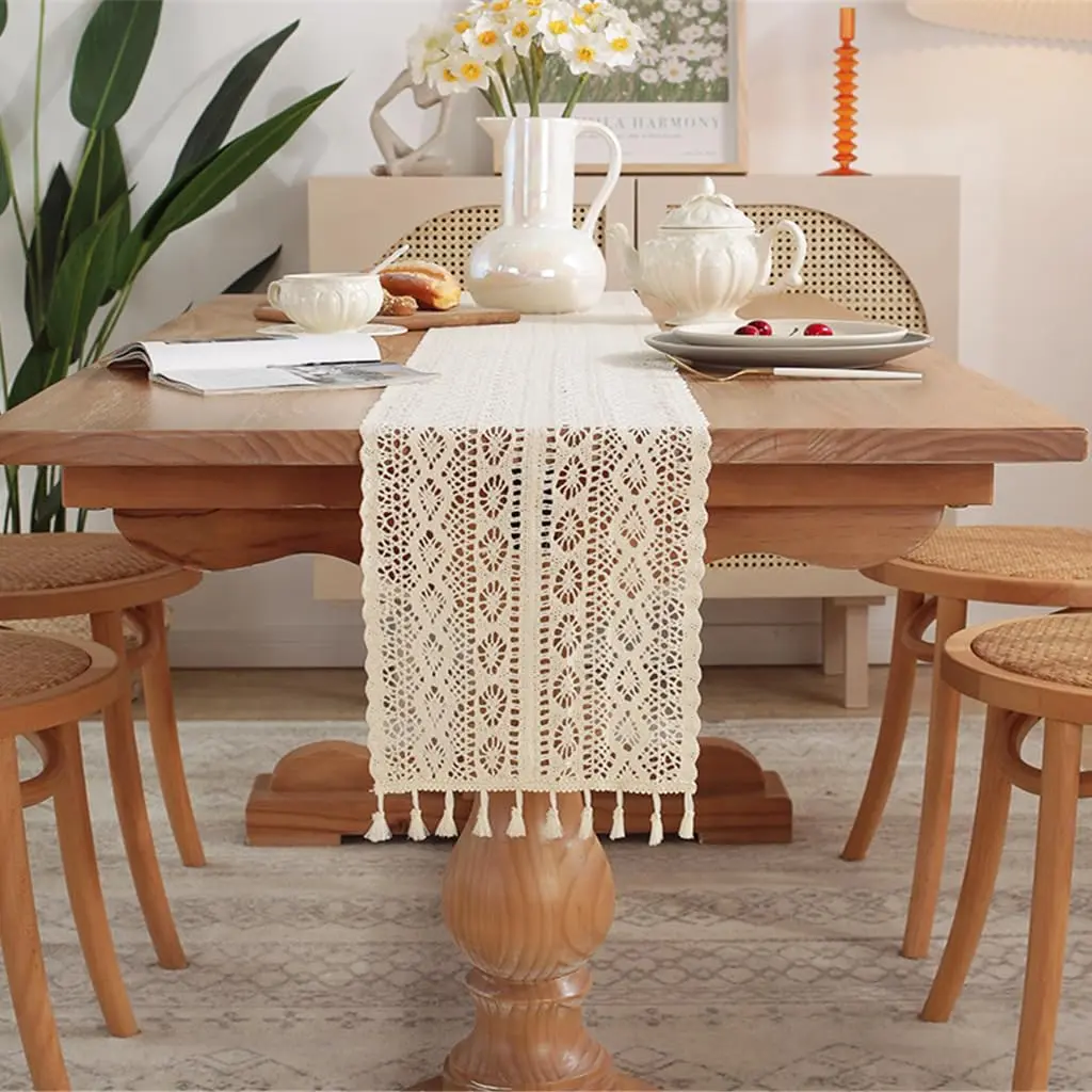 Gemseek 90 Inch Boho Crochet Table Runner, Beige Cotton Lace | Vintage Boho Charm - view 3