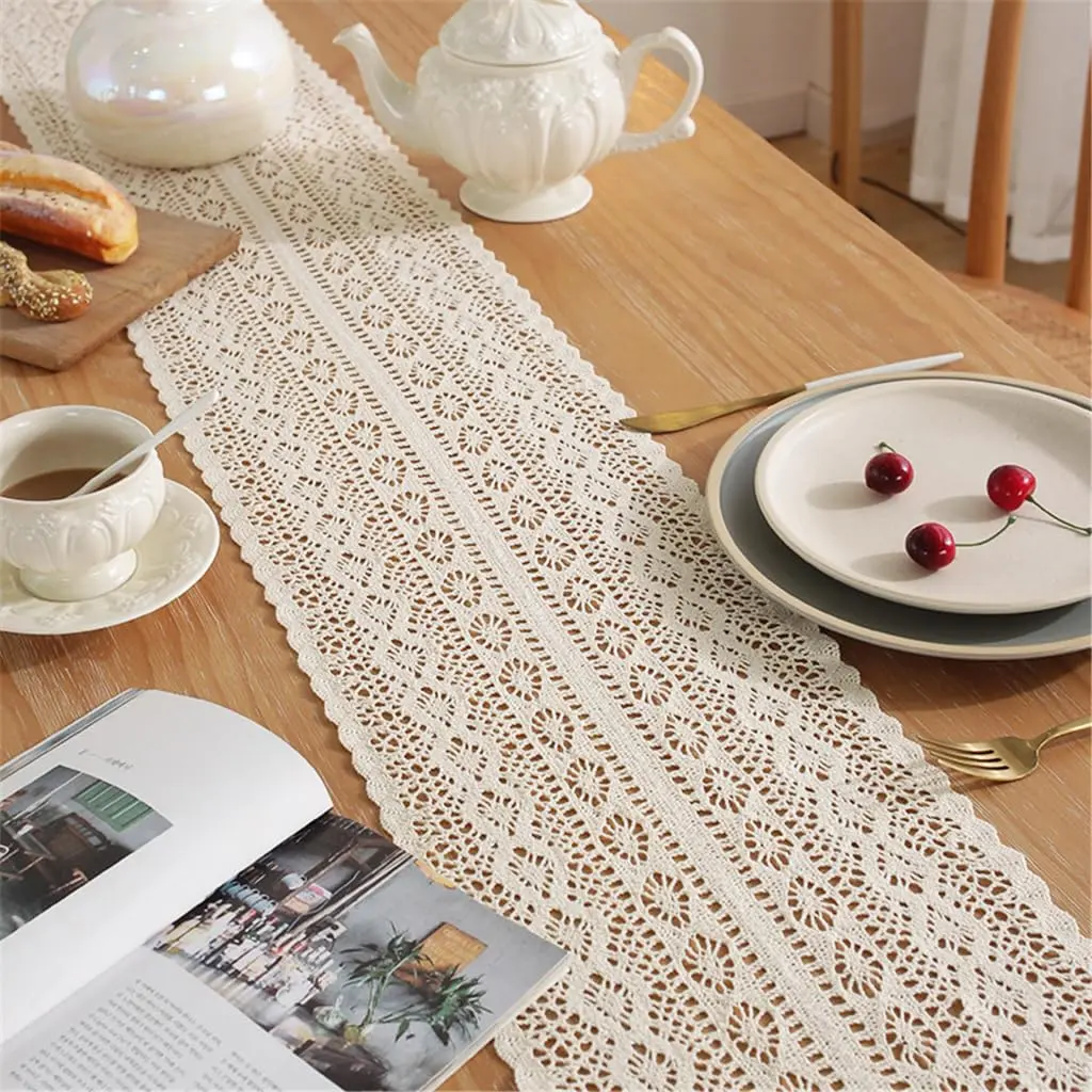 Gemseek 90 Inch Boho Crochet Table Runner, Beige Cotton Lace | Vintage Boho Charm - view 4