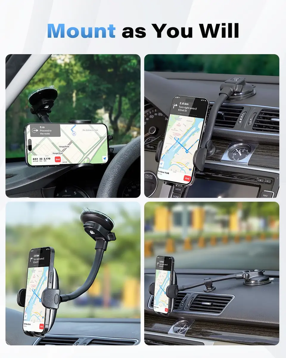 1Zero Car Truck Phone Mount Holder with 8-Inch Gooseneck, Anti-Shake, Universal Fit, Black | Supports All Cell Phones - view 5