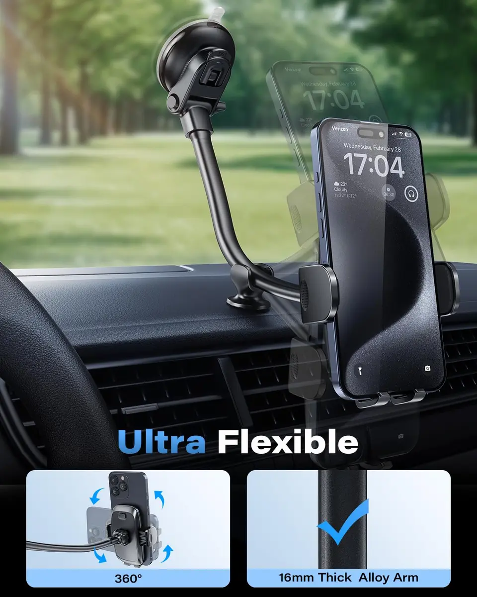 1Zero Car Truck Phone Mount Holder with 8-Inch Gooseneck, Anti-Shake, Universal Fit, Black | Supports All Cell Phones - view 4