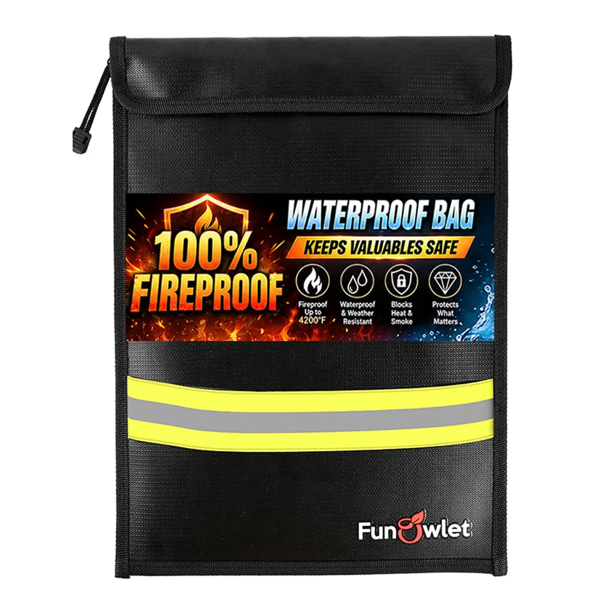 FunOwlet Fireproof Waterproof Money Document Bag, 15" x 11" Black | Fire & Water Resistant Storage Organizer - main product image